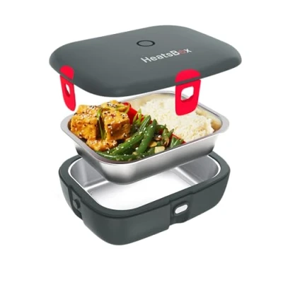 Bild av Faitron HeatsBox Style+, elektrisk matlåda, varmhållningsbehållare för uppvärmning av mat, på resan, läckagesäker skål i rostfritt stål (925 ml), transportlock, 100 watt, grå, WFH02