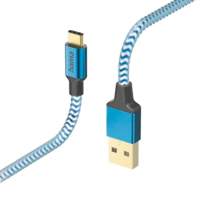 Bild av Hama Reflektiv USB C laddnings och dataöverföringskabel (USB A 2.0 hane till hane, skärmad kabel, anti vridning, guldpläterad aluminiumkontakt, robust flätad nylonmantel, 1,5 m) blå