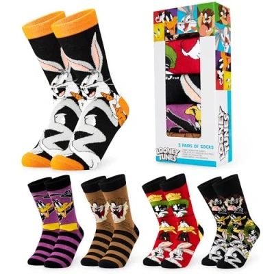 Bild av LOONEY TUNES Herrstrumpor Paket med 5 Crew strumpor för män Tonåringar Mjukt andningsbart arbete Sport Fritidskläder Storlek 6 10 Herrpresenter (Svart/Multi, 6,5/10,5 UK)