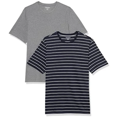 Bild av Amazon Essentials herr normal passform kortärmad rund hals t shirt, paket med 2, grå ljung/marinblå rand, X Large
