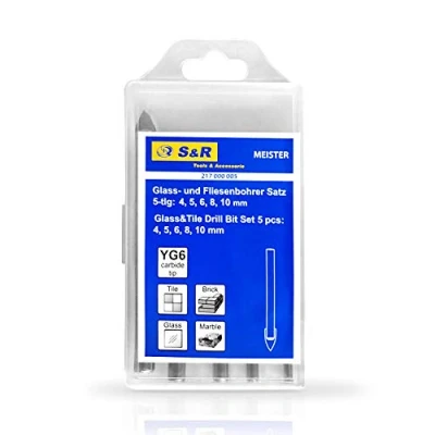 Bild av S&amp;R Kakelborr, Glasborr, keramisk Borr, borrbit set i box 5 st: 4, 5, 6, 8, 10 mm, Karbidförstärkt spets av YG6 karbid för glaskakel spegel porslin marmor, med runt skaft