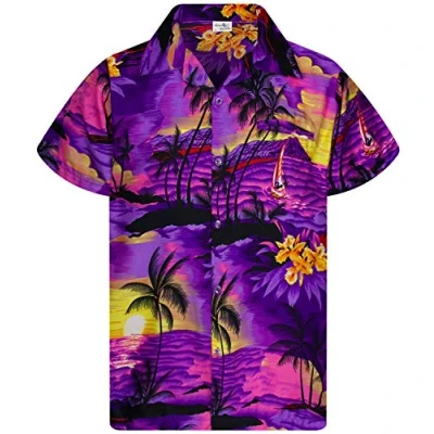 Bild av King Kameha Funky hawaiiskjorta herr, kortärmad, framficka, hawaiitryck, strandsurftryck, Surfa Violett, L