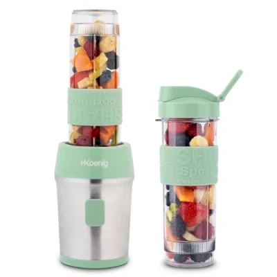 Bild av H.Koenig SMOO18 Mini mélangeur portable compact. 570 ml, sans BPA, 300 W, 2 bouteilles portables, 4 lames en acier inoxydable, vert pastel