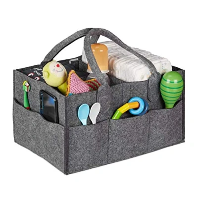 Bild av Relaxdays Baby Blöja Caddy, 11 fack, avtagbar avskiljare, bärbar, filtväska bil, skötbord arrangör, mörkgrå