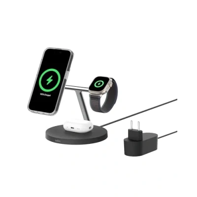 Bild av Belkin BoostCharge 3 i 1 Qi2 laddare, MagSafe kompatibel trådlös laddningsstation, laddare för Apple iPhone 16 serien, Watch, AirPods med halkfri sockel, strömförsörjning medföljer Svart