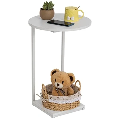 Bild av HDANI Sidobord,Soffbord C form,Runt Nattduksbord,Elegant Litet Soffbord,Vardagsrum Sovrum,Industriell Design, Stålstruktur, Enkel montering,40x40x60CM,Vit