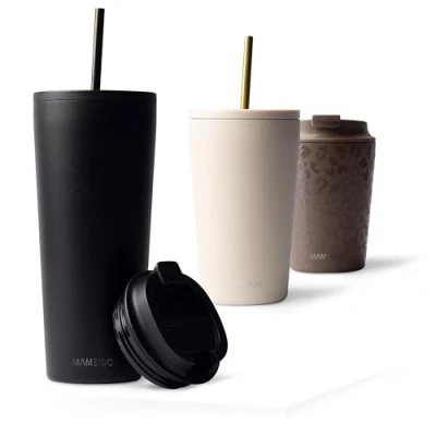 Bild av MAMEIDO termomugg med sugrör 700ml Dryckesmugg lock och tillverkad av rostfritt stål dubbelväggig isolerad, läckagesäker Coffee to go mugg (Rich Black, 0,7l)