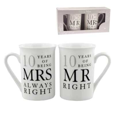 Bild av Amore 10:e bröllopsdag set med 2 porslinsmuggar &#039;Mr Right &amp; Mrs Always Right&#039; (WG67710)