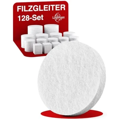 Bild av LouMaxx Filtglider självhäftande vit, set om 128 (rund och fyrkantig) filtkuddar för stolar, möbelglidare med 3 mm tjocklek hög vidhäftningsförmåga, filtskydd känsliga golv