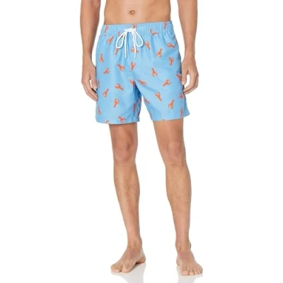 Bild av Amazon Essentials Men&#039;s Snabbtorkande badtröja 18 cm (7 tum), Blå Orange Hummertryck, XS