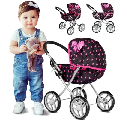 Bild av Kinderplay Dockvagn, leksaksvagn barnvagn för dockor babydocka, 56 cm handtag, med mjukt grepp, lätt och stabil konstruktion, barnvagn, KP0280R
