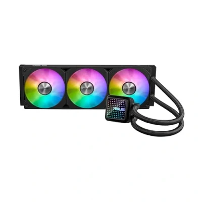 Bild av ASUS Prime LC 360 ARGB, allt i ett flytande CPU kylare, med kontaktzon och kanaler fenor, vattenblock Infinity Mirror Linser ARGB fläktar