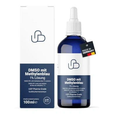 Bild av Schweizisk Naturals® DMSO med metylenblå lösning, 1 % ren USP Pharma kvalitet, 100 ml, utan tillsatser, laboratorietestad kvalitet tillverkad i Tyskland
