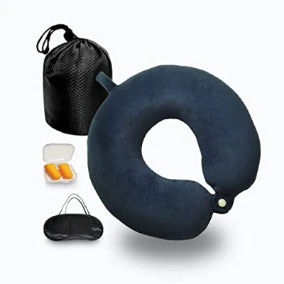 Bild av NavoX resekudde nackkudde i minnesskum för resor med sovmask/öronpropp/påse, nackstödskudde snabbpack lätt camping, bil, flygplan/blå