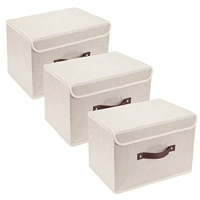 Bild av TYEERS Vikbar Förvaringslåda med Lock, Tvättbart, Tyglåda, 38x25x25 cm, Set om 3, Beige