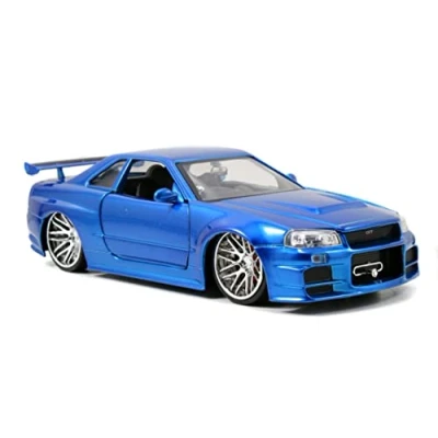Bild av Jada 97173 Toys Fast &amp; Furious Brian&#039;s 2002 Nissan Skyline GTR R R34, bil, tuning modell i skala 1:24, med spoiler, dörrar, motorhuv och bagageutrymme, frihjul, blå