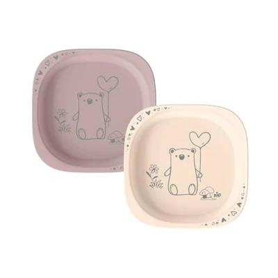 Bild av nip Green Eco baby och barntallrik, mikrovågsugns diskmaskinssäker, extra platt perfekt för matstart, BPA fri, utan melamin, hållbar, set om 2, djurmotiv, rosa