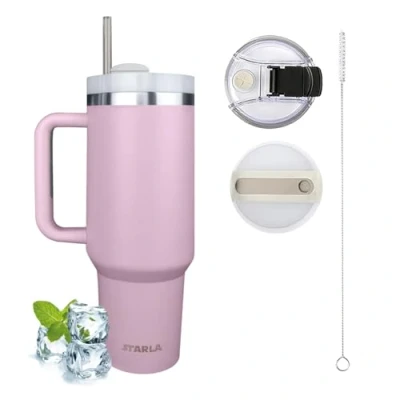 Bild av STARLA Termosmugg med sugrör och handtag 1,2 l stor, 2 lock, läckagesäker, rostfritt stål isoleringsmugg To Go vattenkopp, resemugg, drickmugg (lila)
