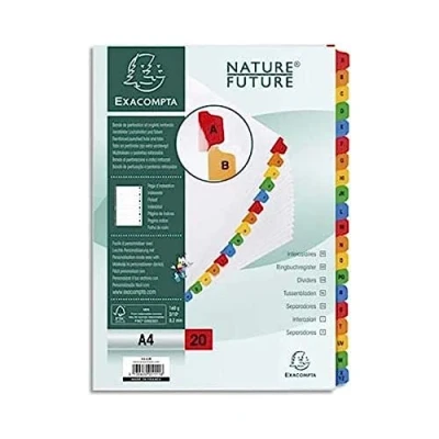 Bild av Exacompta Ref 111E Mylar tryckta index för användning med A4 dokument, förstansade, 160 gsm vitt kort förstärkta plastflikar, FSC certifierad 20 deldelare (A Z)