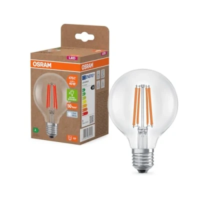 Bild av OSRAM Klassisk jordglobformad med dekorativ LED filament, energieffektivitetsklass A E27, 5 W, 1 055 lm, 4 000 K kall vit, utan uppvärmning kan 100% omedelbar belysning
