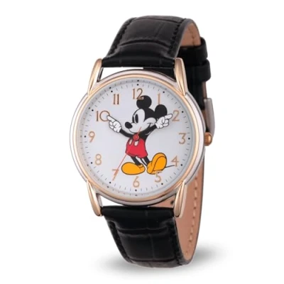 Bild av Disney Musse Pigg vuxen Klassisk Cardiff artikulerande händer analog kvarts läderrem klocka, Guld, brun,
