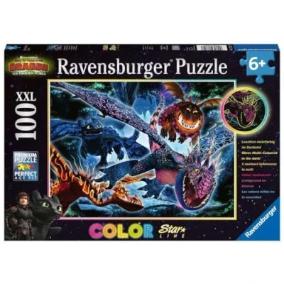 Bild av Ravensburger Barnpussel 13710 lysande dragons pussel med motiv för barn från 6 år, 100 delar i XXL format, lyser mörkret, röd, blå, gul