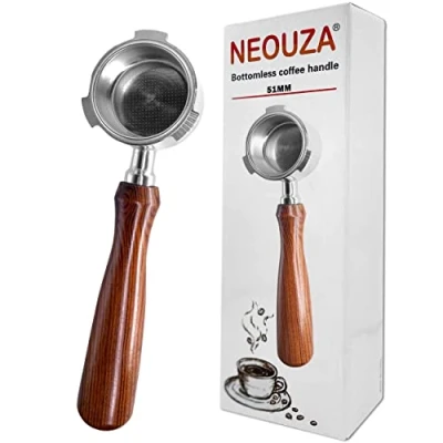 Bild av NEOUZA Espresso Bottenlöst Portafilter 51mm Kompatibel med DeLonghi Dedica EC680/EC685/EC785/EC820/EC850/EC860 Smeg kaffemaskin, rostfritt stål, premium rosenträ