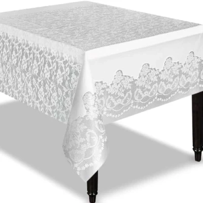 Bild av Unique Party 5075 vit bordsduk i plast, 2,7 m x 1,4 m, spets, paket med 1