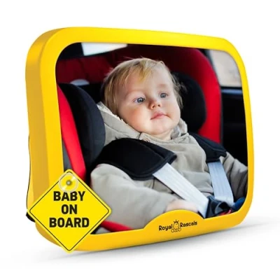 Bild av Royal Rascals baby bilspegel, säkraste splittersäkra baksätesspegel för bil, kristallklar backspegel baby, bilsätesspegel, bilstolstillbehör, levereras med en skylt, säkerhetsgul