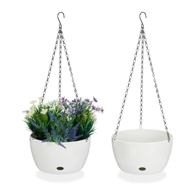 Bild av Relaxdays Blomampel med vattenbehållare, set om 2, H x D 60 24 cm, utomhus och inomhus, hängande blomkruka, plast, vit
