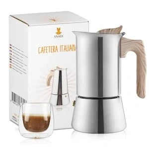 Bild av Snadi Italiensk Moka Kaffebryggare Modern och Elegant Design För Induktion, Glaskeramikhäll, Elektrisk Gas Ergonomisk Stabil Rostfritt Stål Espresso Kaffe (4 Koppar)