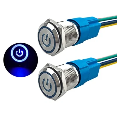 Bild av Aiqeer 2 stycken 16 mm låsande tryckknapp, 12 V/24 V 5 A automatisk tändning startbrytare, IP67 vattentät tryckbrytare i rostfritt stål, med förkopplat uttag (blå LED)