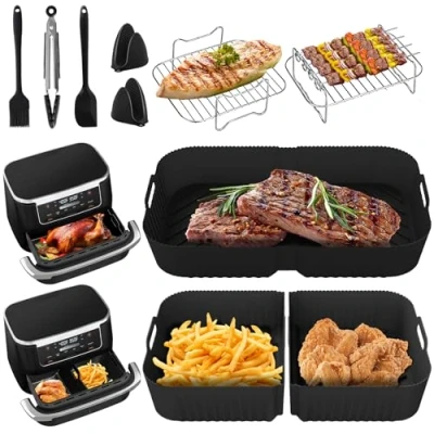 Bild av Silikon luftfritös foder för Ninja Foodi Flexdrawer AF500UK/AF500UKCP, 1 x 10,4 L + 2 5,2 stora dubbla luftfriteringstillbehör, inklusive fritöskorgar, grillställ, handskar, oljeborste, tång