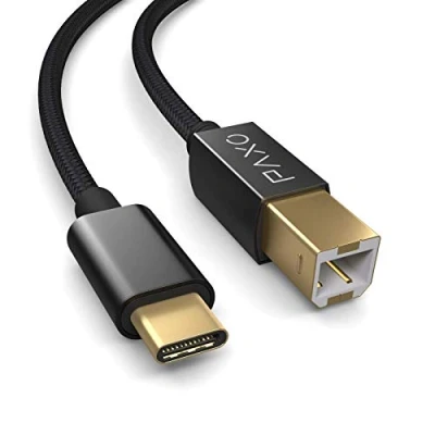 Bild av 3 m USB skrivarkabel i nylon, svart, C kontakt till B, laddkabel, datakabel, guldkontakt