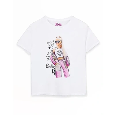Bild av Barbie Pose Girls Kortärmad Vit T Shirt Ikoniskt märke Rolig och moderiktig lekfull design med livfull grafik Bekväm passform Mode för flickor Fantasifull lek Barn 5 6 år