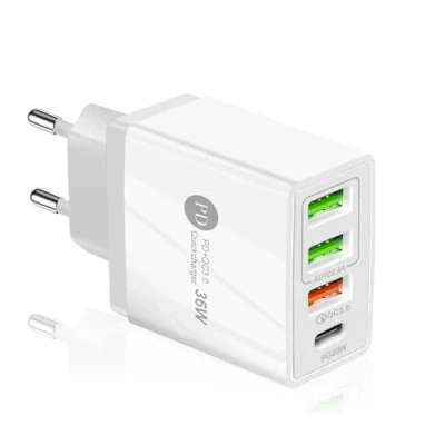 Bild av 4 USB C snabbladdare 36 W PD och QC3.0 typ vägguttag huvud laddat mobil universell nätadapter för iPhone Samsung Huawei HTC LG Motorola Honor iPad Etc
