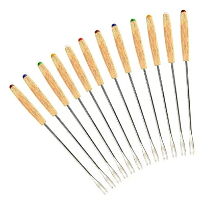 Bild av GuDoQi Fonduegafflar i rostfritt stål, set med 12, rostpinnar marshmallow, värmebeständig ek trähandtag, fruktchoklad, fontän, ostgafflar (24 cm)