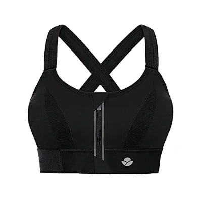 Bild av YIANNA Kvinnor High Impact sport bh plus size dragkedja framtill fästande behåar vadderad justerbar rem, Svart, 4XL