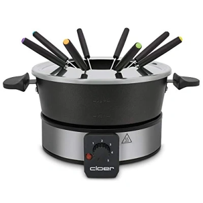 Bild av Cloer 6679 Elektrisk fondue für 8 Personer, belagd aluminiumkruka, avtagbart stänkskydd, färgade gafflar, 1.5 Liter, 1000 W, silver, svart