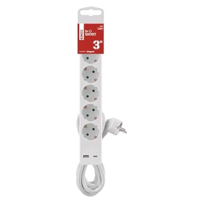 Bild av EMOS grenuttag 5 vägs med USB laddning, flera uttag strömbrytare för inomhus, väggmontering, x uttag, 1 C, A, 3 m kabel, vit