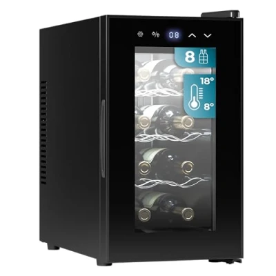 Bild av Cecotec Vinställ 8 flaskor Bolero Grandsommelier 830 Coolcrystal, termoelektrisk kylning, temperatur justerbar mellan 818 C, pekkontroll och display, LED inuti, ingen skadlig gas.