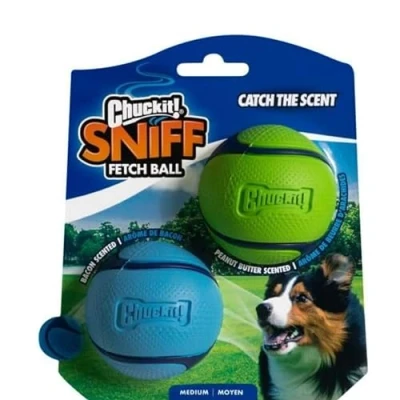 Bild av Chuckit! Sniff Ball hundleksak, hållbar högstudsande bacon och jordnötssmör doftande gummi hundboll hämtningsleksak, medium, 2 pack