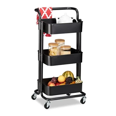 Bild av Relaxdays Rullvagn, 3 våningar, 2 bromsar, universalvagn kök, badrum, kontor, rullhylla metall, HBT 84 x 42 37 cm, svart 10034150_46