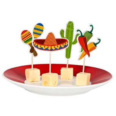 Bild av Boland 54412 spett Fiesta Mexiko, 12 stycken, längd träpinne 9 cm, träspett för snacks och aptitretare, festporslin, födelsedag, temafest, karneval