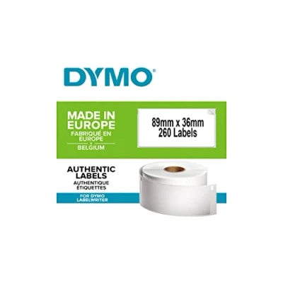 Bild av DYMO LabelWriter stora adressoriginaletiketter 36 mm x 89 Rulle med 260 etiketter Svart text på vit tejp För etikettskrivare