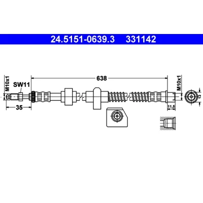 Bild av ATE 24.5151 0639.3 Flexible De Frein 638 M10x1 PEUGEOT: 407 Berline, SW, 508 I CITROËN: C6 C5 III Break, 3