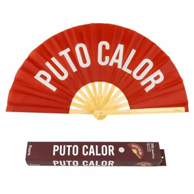 Bild av Fisura Stor hopfällbar fläkt &quot;p*to calor&quot;, originalfläkt med stort budskap röd XXL. Vikbar i bambu. Mått: 64 x 33 cm.
