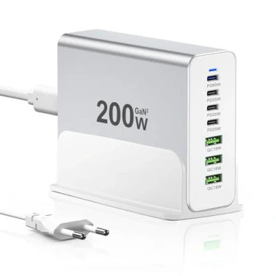 Bild av USB laddare 200W, C GaN laddningsstation, PD 3.1 200W strömförsörjning kompatibel med MacBook Pro/Air, Dell XPS, iPad, Surface Book, Chromebook, Pixelbook, Matebook, Galaxy 24, iPhone 15