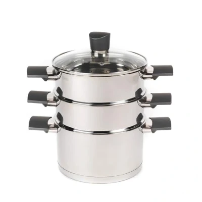 Bild av Russell Hobbs RH01170EU Excellence ångkokare 3 nivåer 18 cm kokkastruller med härdat glaslock, non stick beläggning, rostfritt stål, grönsaksångpanna, induktionslämplig, mjuka handtag