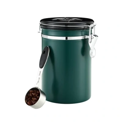 Bild av BUCOMTU Kaffeburk i rostfritt stål 1,8 liter med datumvisning och tesked stål, behållare för kaffebönor, också perfekt förvaring av nötter, kakao te